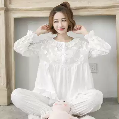 White pajamas set short-sleeved female spring and autumn pure cotton long-sleeved cute flower Korean version of fresh student summer casual loungewear