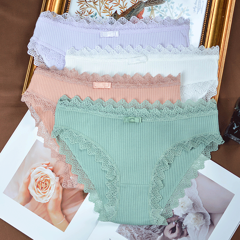Lady's underwear female midbody waist-free lace side full cotton briefs Girl Students Sexy Pure Cotton Safety Pants Head