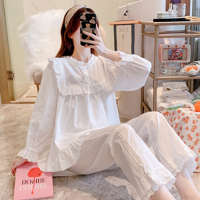 Pure Cotton Pajamas for Women in Spring and Autum, Breathable and Cute, Lace Palace Style Princess Simple New Style Home Clothes That Can Be Worn Outside in Summer