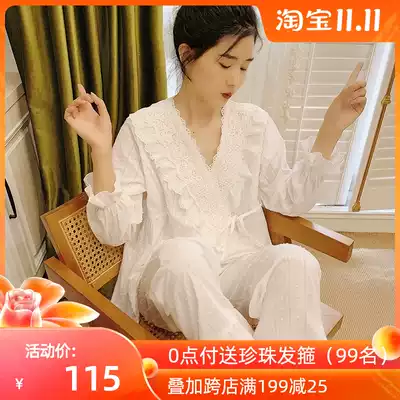 Chinese style pajamas female spring and autumn court style kimono white cotton lace winter princess style very fairy home clothes