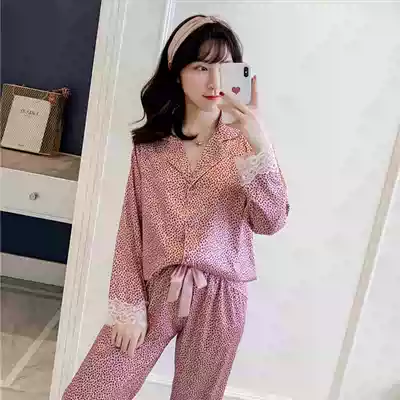 Pajamas women's spring and autumn ice silk sexy long-sleeved trousers net red with the same winter fashion BAO WEN home clothes two-piece suit