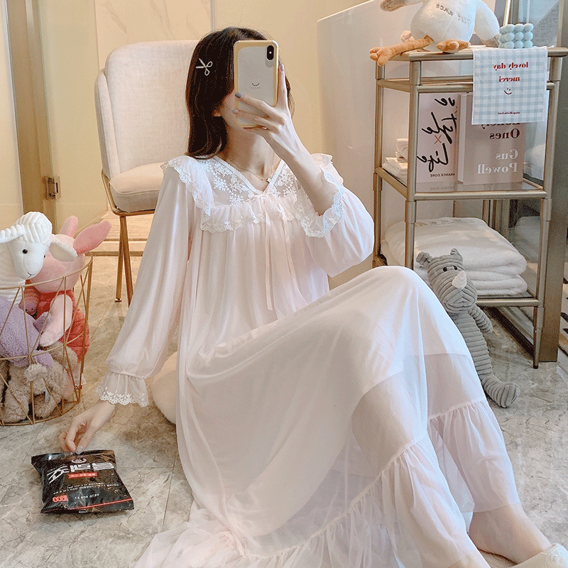 Retro palace style pajamas women's spring and autumn long-sleeved mesh modal lace summer mid-length princess style nightdress