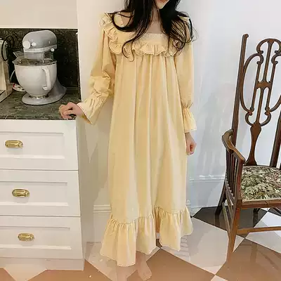 Spring and autumn over-the-knee night dress female pure cotton court style retro long version of cotton lace spring and summer long-sleeved pajamas