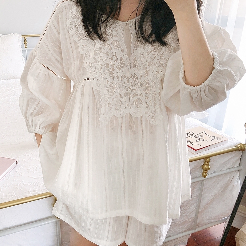 White Pyjamas Woman Summer Short Sleeve Spring Autumn Two Sets Loose Pure Cotton Hollowed-out Round Collar Comfort Home Clothing Exportable