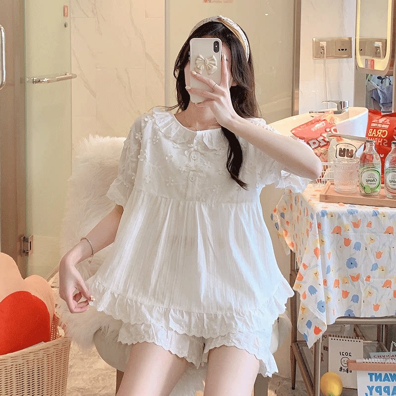 Pajamas Woman Summer Short Sleeve Shorts Pure Cotton Small Flower Sucking Sweat Comfort Home Conserved Palace Windy Princess Fairy Suit