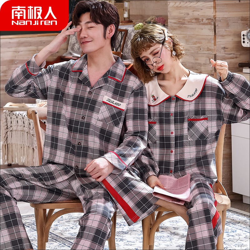 South Pole Lovers Sleepwear Spring Fall Male Lady Long Sleeve Pure Cotton Thin GRID AUTUMN AND WINTER STYLE HOME SUIT SUIT SUMMER
