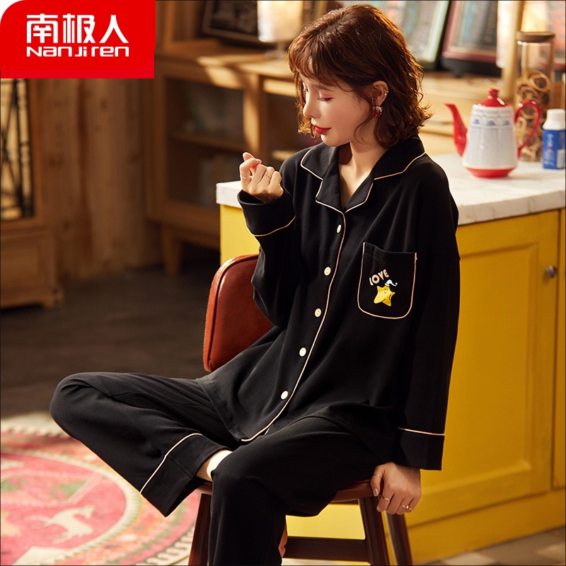South Pole Spring Autumn Season New Lady Cartoon Pyjamas Pure Cotton Long Sleeve Cardiovert Suit Thin Summer Full Cotton Home Clothing