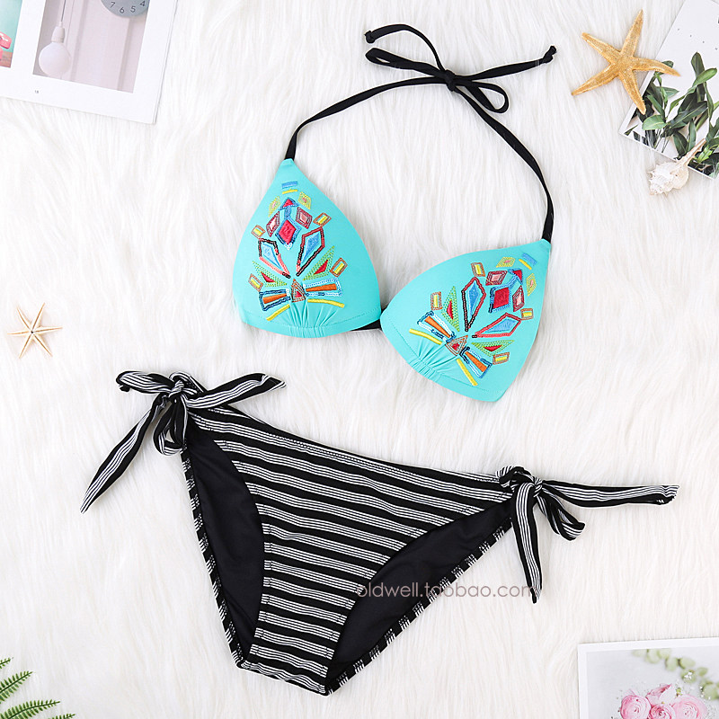Gather the three-point bikini green beach Sexy swimsuit Female European and American Embroidery Strap No Steel Ring Spa Swimsuit
