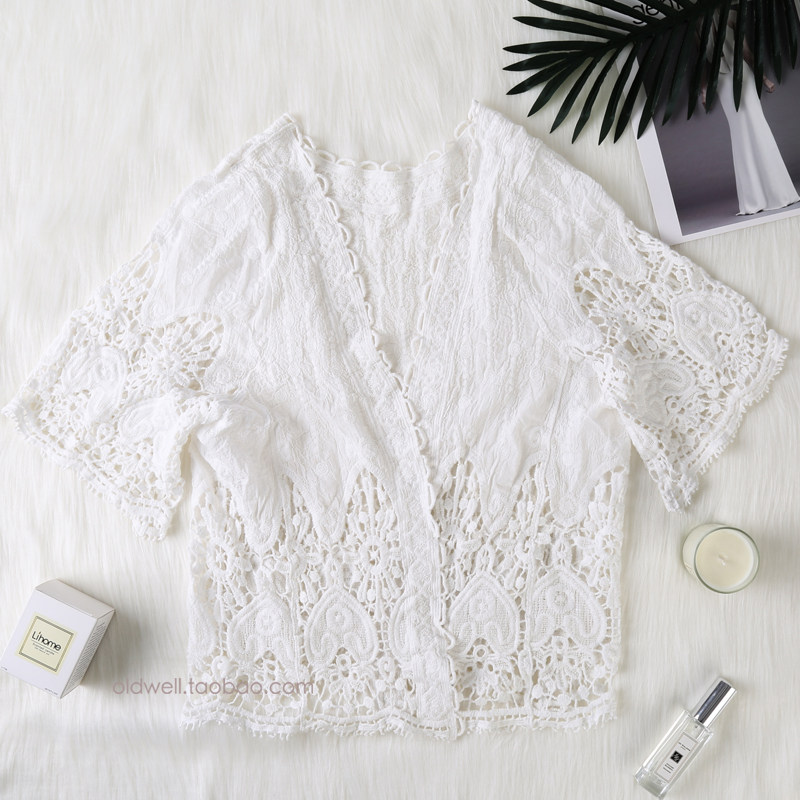 White cutout lace shirt Cotton cardigan jacket Beach bikini shawl hot spring swimsuit Japan and South Korea short jacket