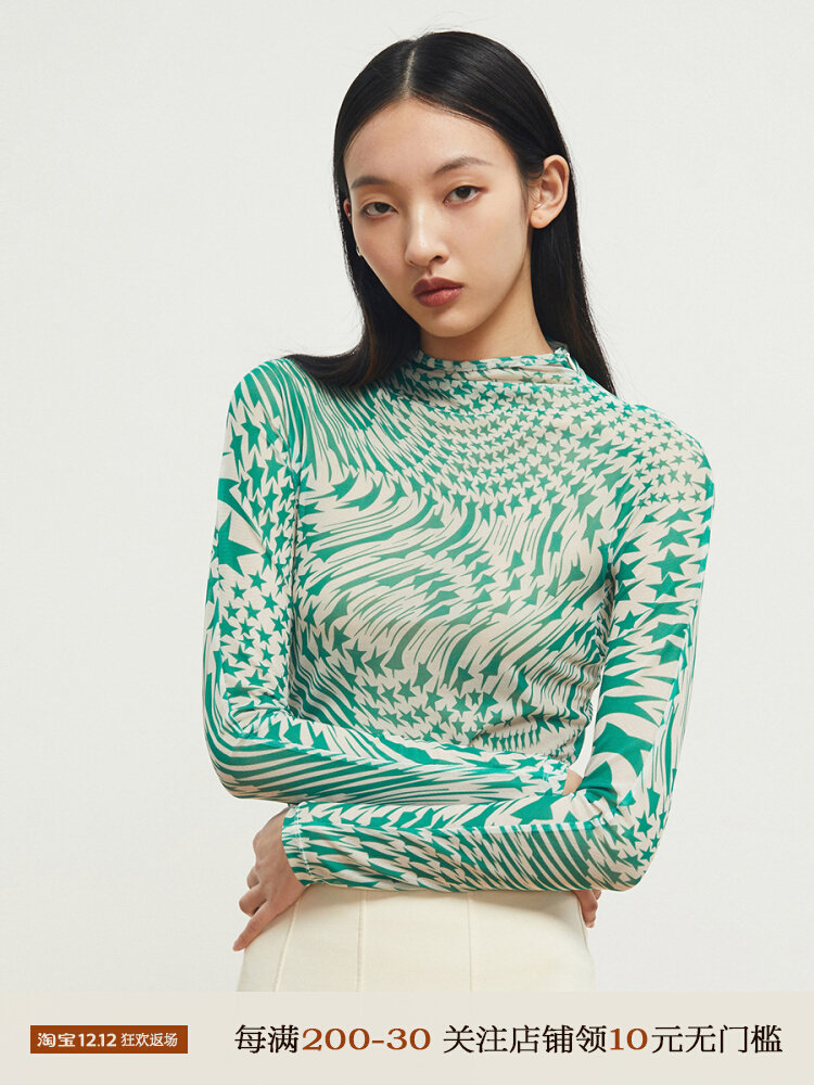 Z boss abstract printed bottoming shirt women's thin soft perspective elegant temperament breathable long-sleeved T-shirt women