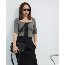 Z boss high-play T-shirt slim slim silhouette top thin texture letter print square collar sexy jumpsuit