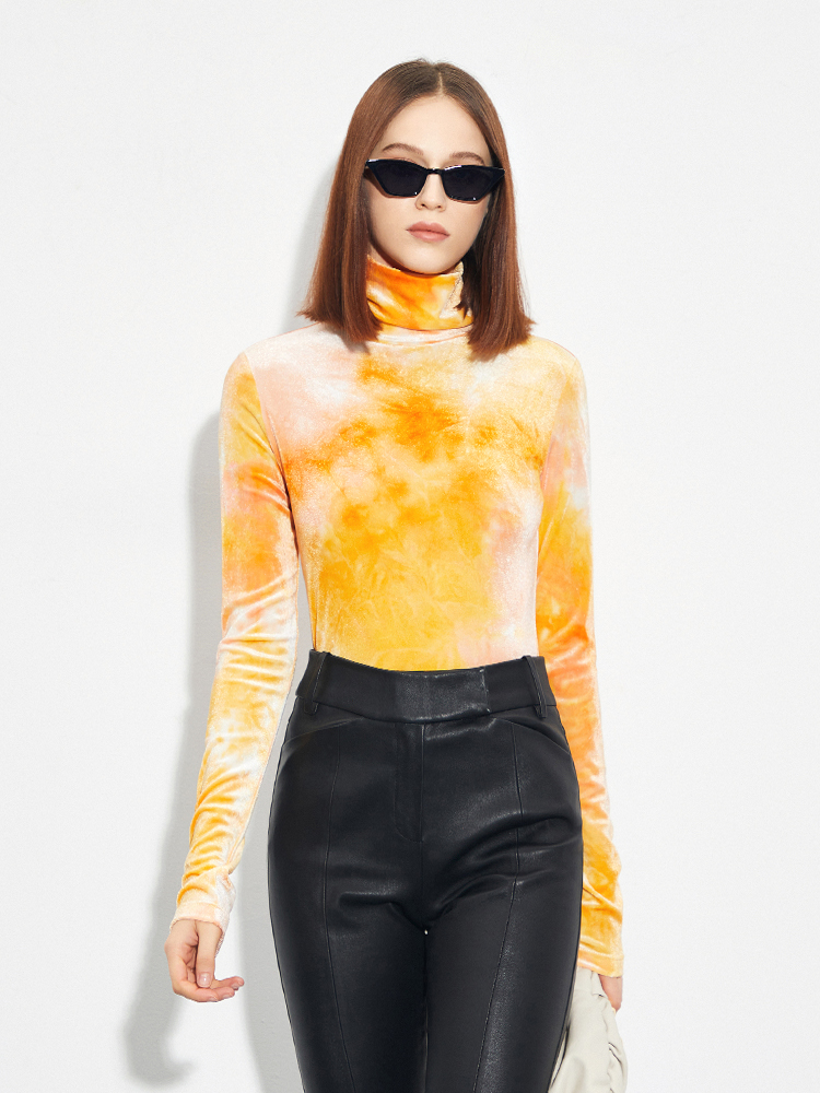 Boss Z wrap neck pile collar velvet phantom bottoming shirt female tie-dye gradient Korean tie-dye velvet long-sleeved T-shirt female