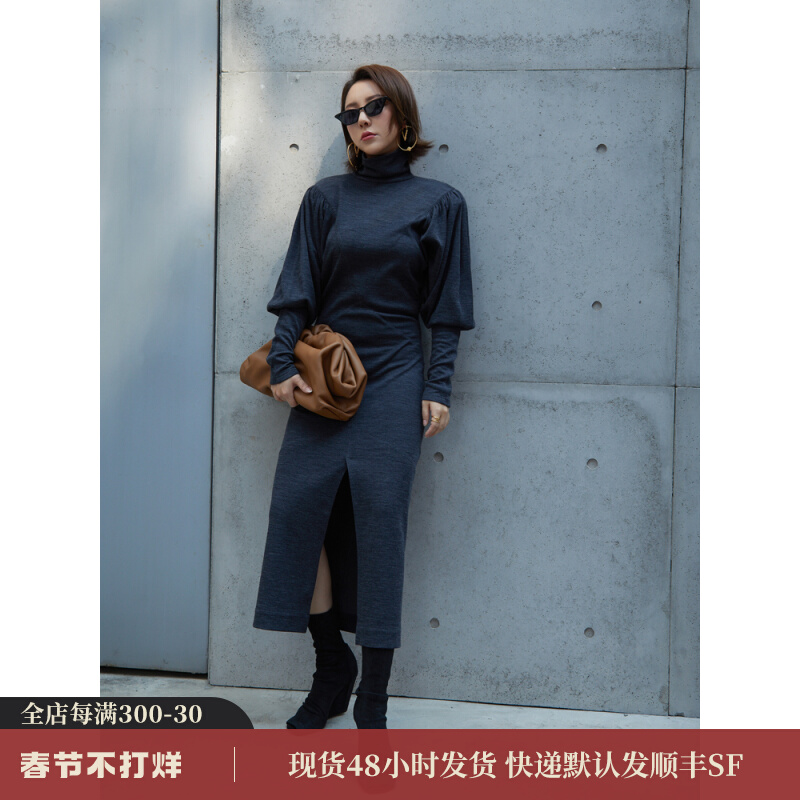 Boss Z wool X-shaped dress, removable shoulder pads, stand-up collar, pleated horseshoe sleeves, mid-length dress for women