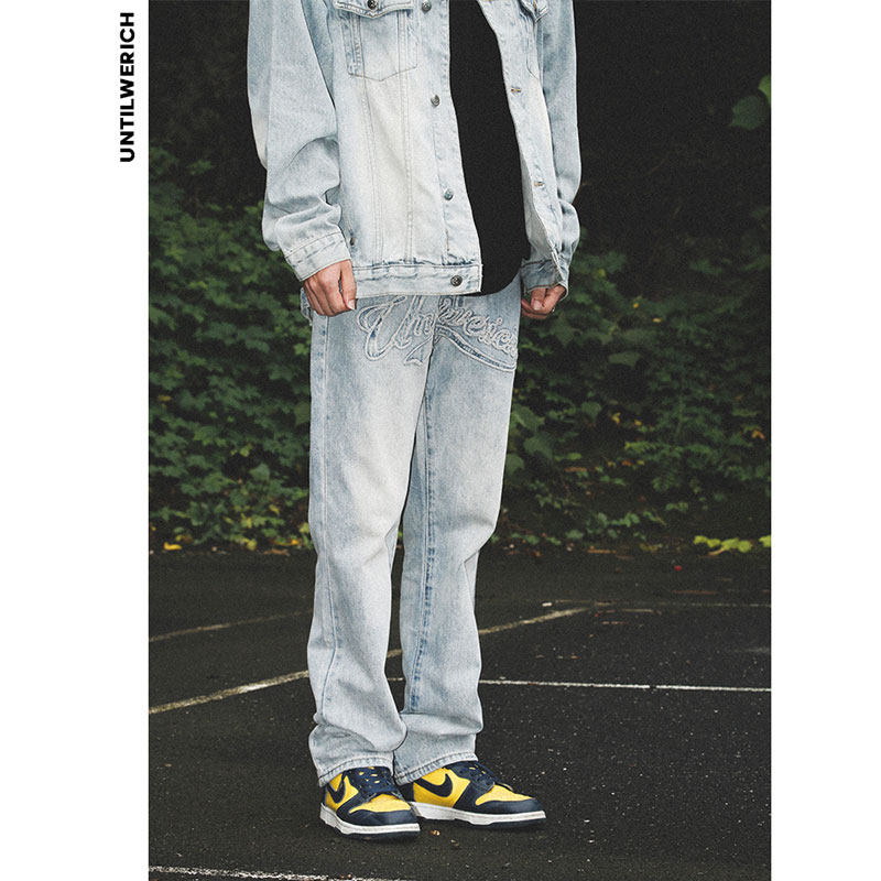 UNTILWERICH Europe and America high street light color wash water do old patch cloth embroidered jeans men's casual trousers tide