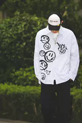 UNTILWERICH new cotton stitching smiley face graffiti stripe print long sleeve shirt shirt loose casual