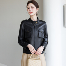 High end short women's waist jacket made of genuine leather, fashionable leather collection jacket, spring and autumn new leather jacket, long sleeved Haining standing collar sheep