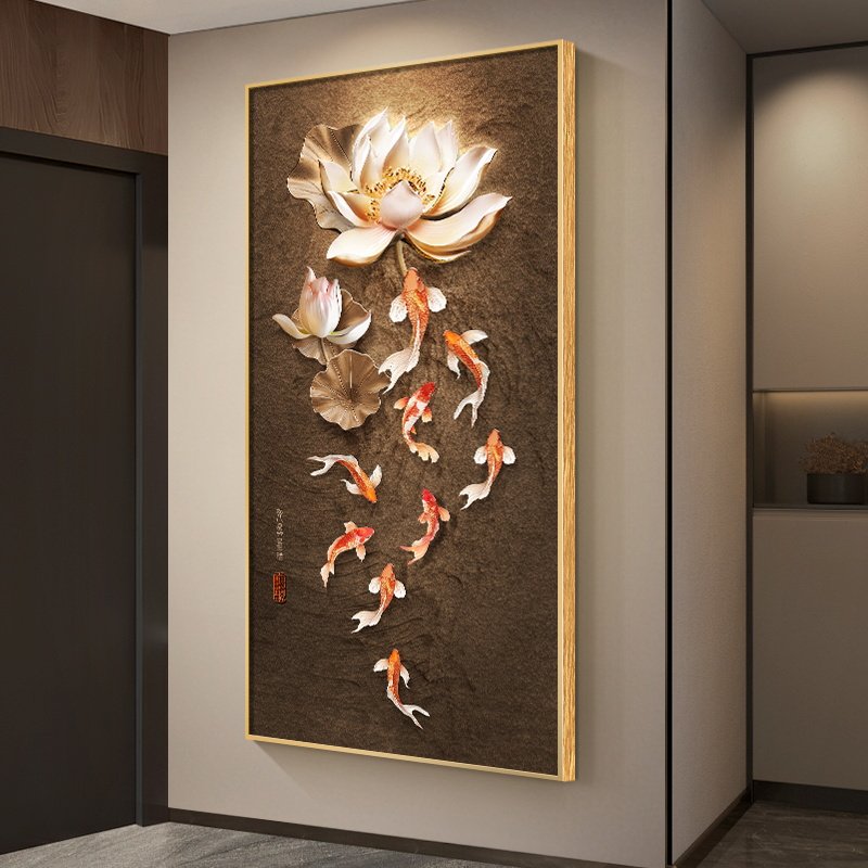 新中式九鱼图玄关装饰画入户正对墙字画心经荷花走廊尽头过道挂画