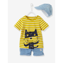 Spot VT Child Clothing Boy Summer Yellow Kitten Striped Pure Cotton Short Sleeve T-shirt Shorts Hat Suit L
