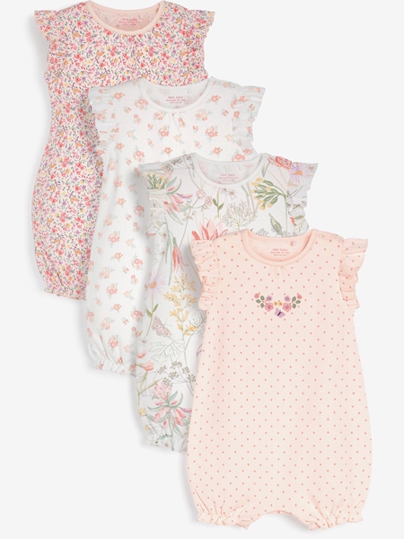 In-Stock Next Children's Clothing for Girls, Pink Floral Bird Print Sleeveless Short-Sleeve Romper Jumpsuit — 2