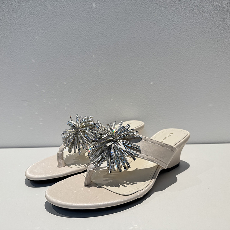 【Huhu Carefully Selected】【Fireworks】Shiny Tassel Rhinestone Flip-Flops for Women, Outdoor Wedge Sandals