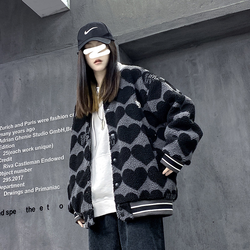 M's tide brand black baseball jacket women's 2022 autumn and winter new ins tide loose lamb wool thickened baseball uniform