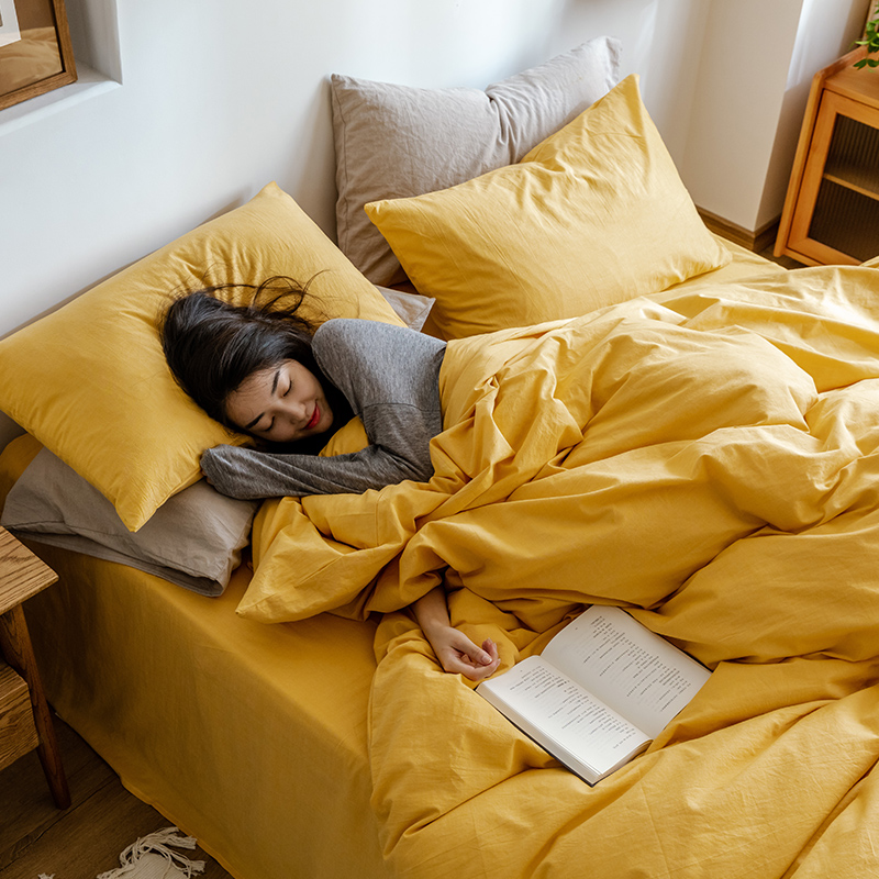 Non-printed good products 4 pieces of pure cotton washed cotton pure color cool Nordic turmeric quilt cover bed with three sets of bed products