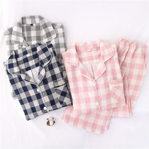Spring and summer cotton-dyed cotton yarn long-sleeved pajamas ladies couple double cotton gauze cotton home clothing set thin