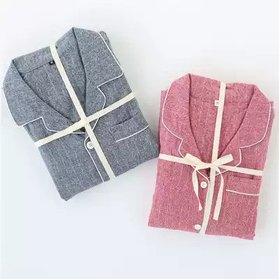 Japanese spring and autumn knitted cotton couple pajamas female grinding high-grade cotton solid color men long sleeve home suit