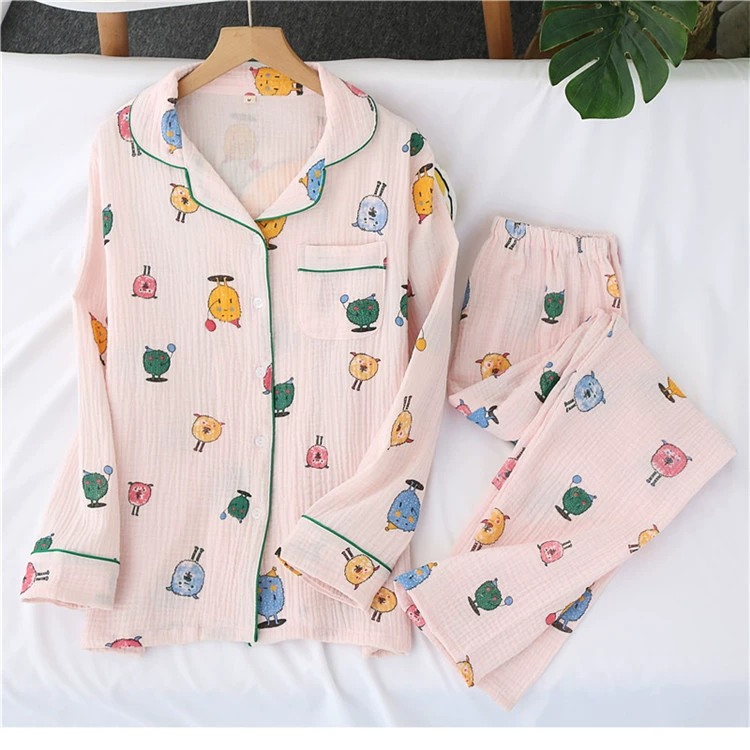 Maruko ~ mùa hè cotton gạc đồ ngủ của phụ nữ dài tay hai lớp giặt cotton gạc cardigan mùa xuân dịch vụ nhà phù hợp với mỏng - Bộ Pajama