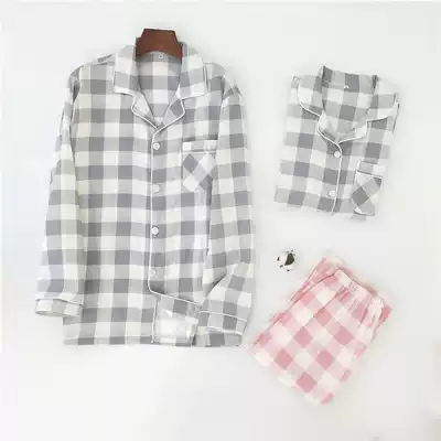 Japanese couple gauze pajamas long-sleeved women's cotton yarn large plaid spring and summer men's literary home service suit summer