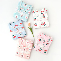 Childrens spring and autumn cotton gauze pajamas girls round neck cotton long sleeve double cotton yarn home clothing set summer