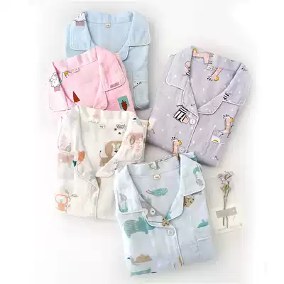 Boys cotton gauze children's long sleeved pajamas girls lapels spring and autumn double cotton yarn summer thin home clothing set