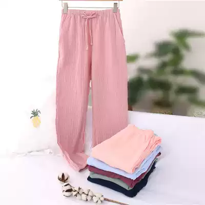Japanese spring and autumn double cotton yarn pajama pants women couple cotton crepe cobbed trousers men's cotton home pants thin