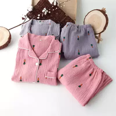 Summer couple double washed cotton Zou gauze pajamas men and women loose large size short sleeve home wear set thin