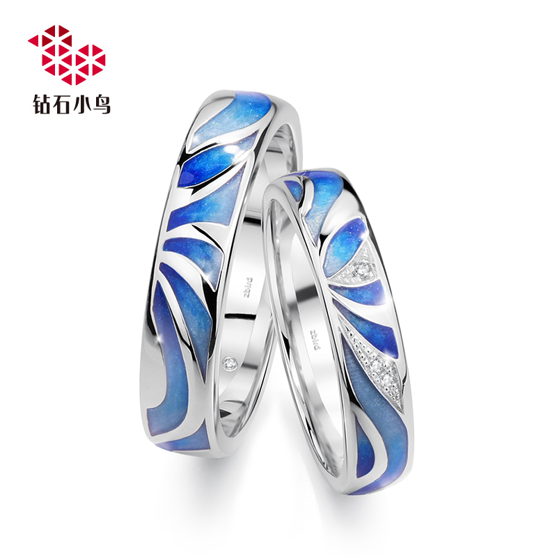 Diamond bird 18K gold diamond enamel ring-Qin Blue-Wedding engagement couple diamond ring female