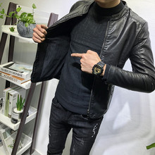 Leather jacket for men with nine years of experience, four sizes for leather jackets, classic and versatile stand up collar, plush and thick trendy men, autumn and winter new Korean slim fit jacket, social networking infrared cover