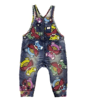 High-end custom black super pacifier teddy full print imitation denim suspender pants Japanese trend brand childrens pants