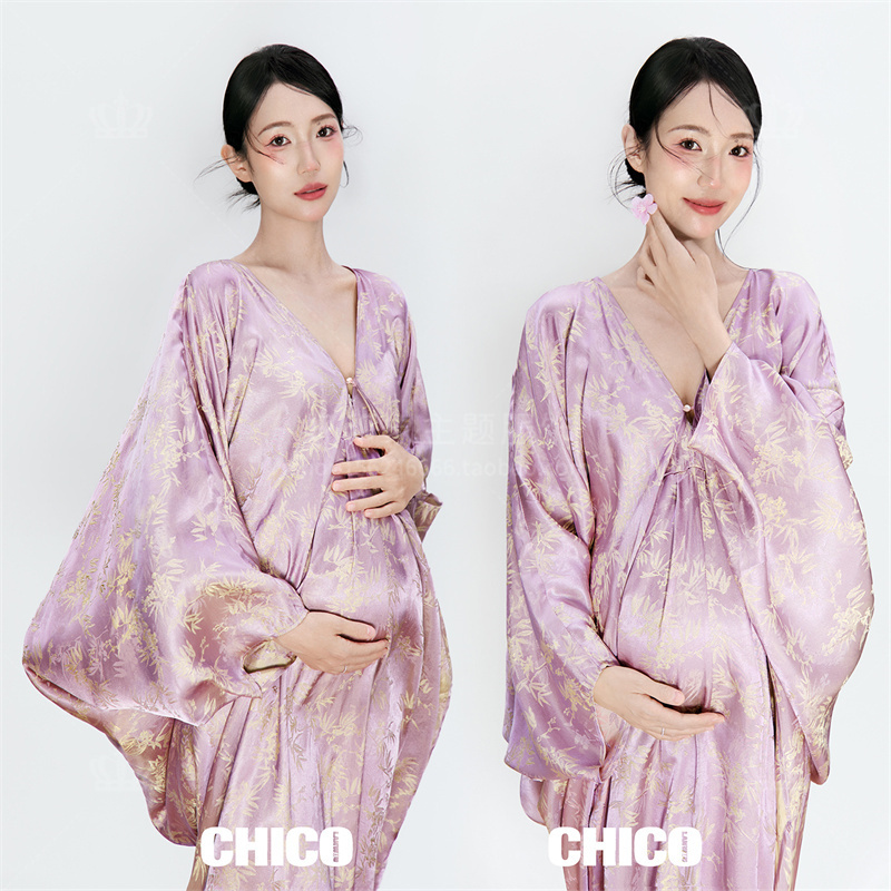 Yimeifang Maternity Wear New Chinese Style V-Neck Lantern Sleeve Printed Dress Gentle Romantic Style Studio Clothing