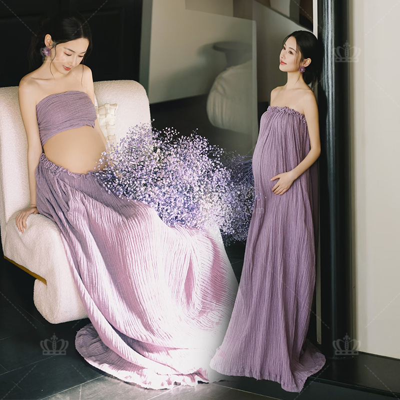 New Style Maternity Photo Studio Clothing, Belly Photo Shoot, Pregnancy Pose, Niche, Beautiful, Purple Dress, Photo Shoot Outfit