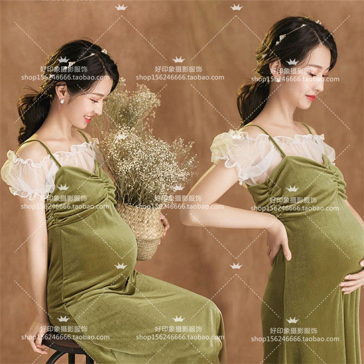 Exhibition Photography New retro green velvet small frescoed photo gallery Pregnancy Woman dress Genuine Dress Pregnant Woman Photo Costumes