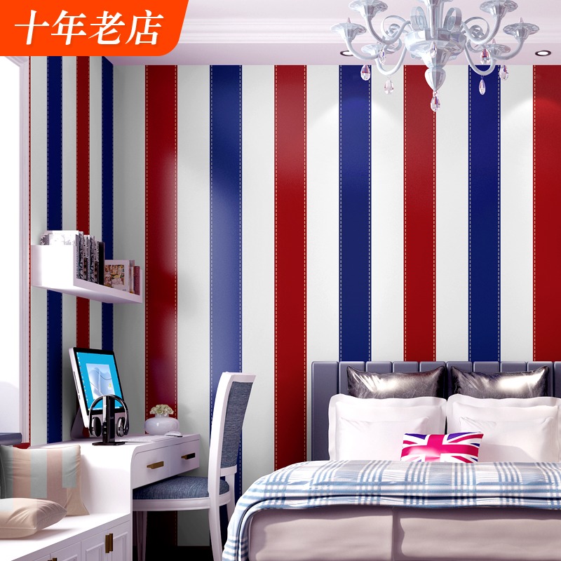 European and American style wallpaper pure paper retro boy boy bedroom Children's room red and blue vertical stripes British style wallpaper