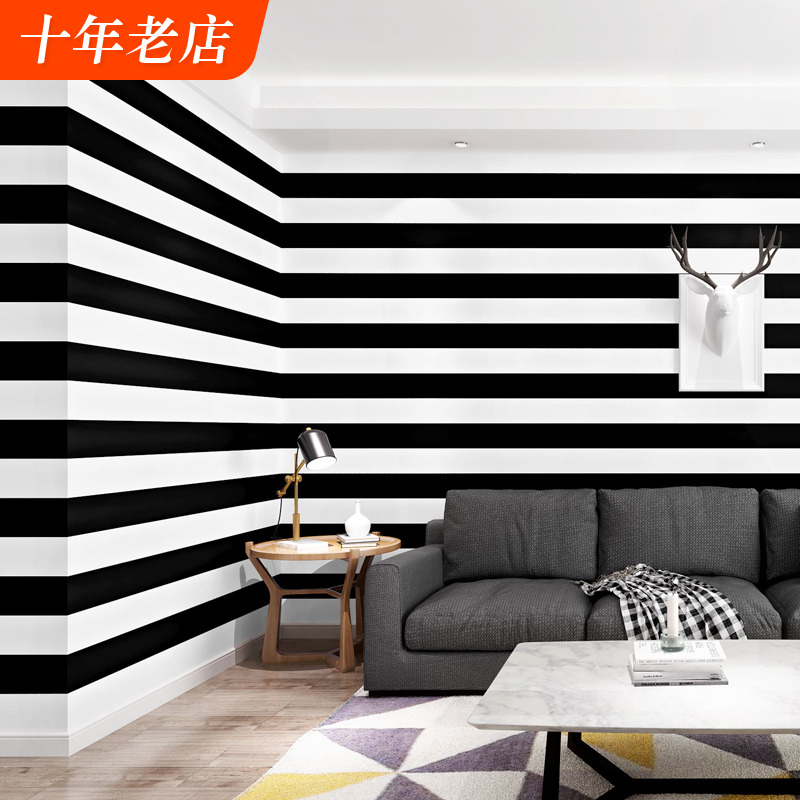 black and white vertical stripe wall paper square lattice geometric pattern line studio bedroom living room TV background wall wallpaper-Taobao
