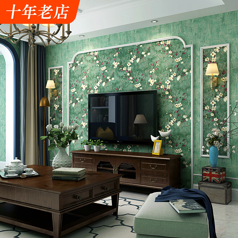 American Fields Garden Wallpaper Bedroom Retro Nostalgia Countryside Style Ink Green Living Room Ab version TV Background wall wallpaper-Taobao