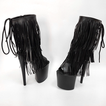 Black PU tassel 20cm super high heel stiletto fish mouth sandals waterproof platform short boots pole dance nightclub womens boots