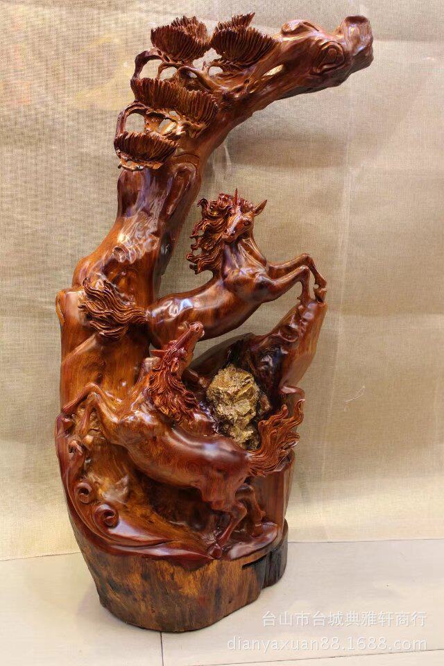 Myanmar flower pears wood root carving boutique horse to successful pendulum solid wood finely carved double horse running for gift giving birth shauma