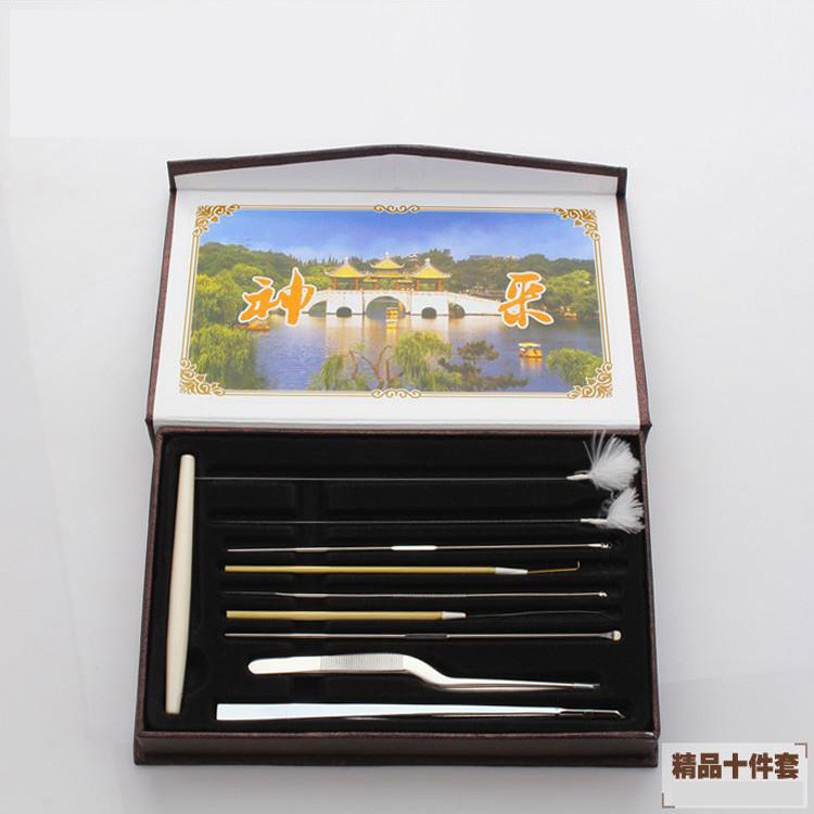 10-piece high-end set of ear-picking ear-cleaning tools stainless steel pure hand-delivered luminous ear spoon goose feather stick