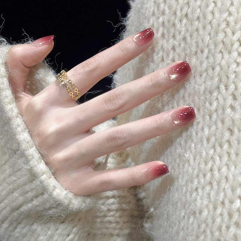 Handmade Short Press-On Nails 2026 New Style High-End Bridal Burgundy Stunning Cat-Eye Nail Patches Wine-Stained Red Tea