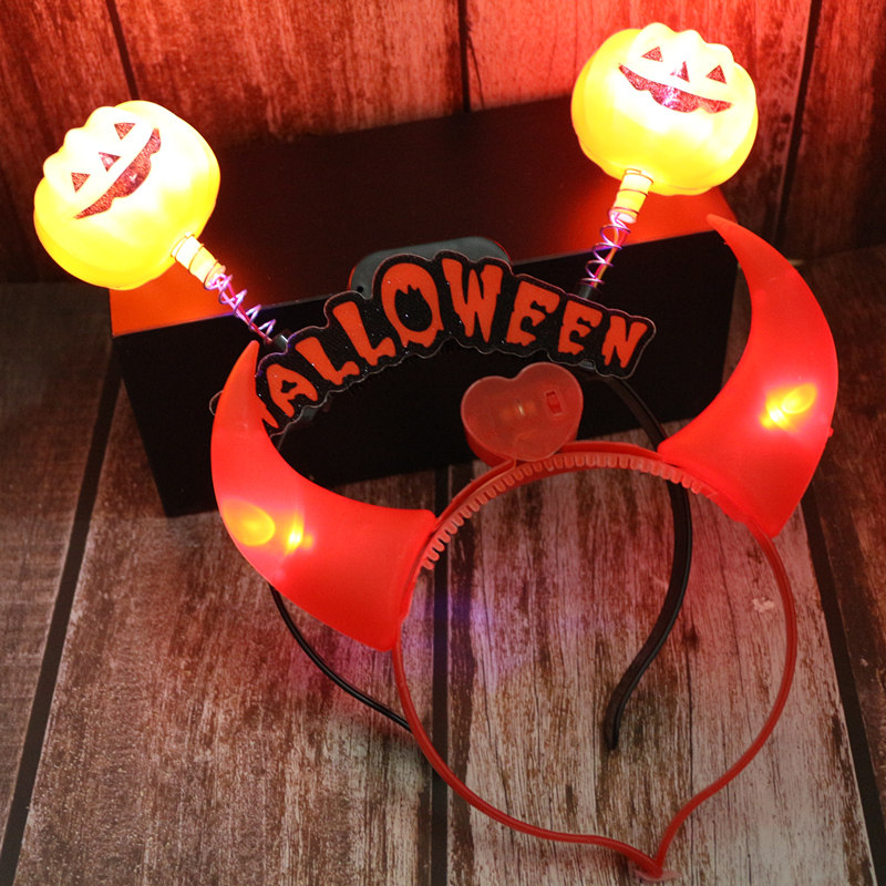 Halloween headdress glowing headband children adult flash pumpkin lantern hairclip dress props evil horns hairband