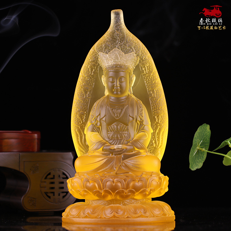Glass channel Lu Guanyin Buddha ornaments home dedicated fo tang crafts adorned the monastery custom 23cm seated