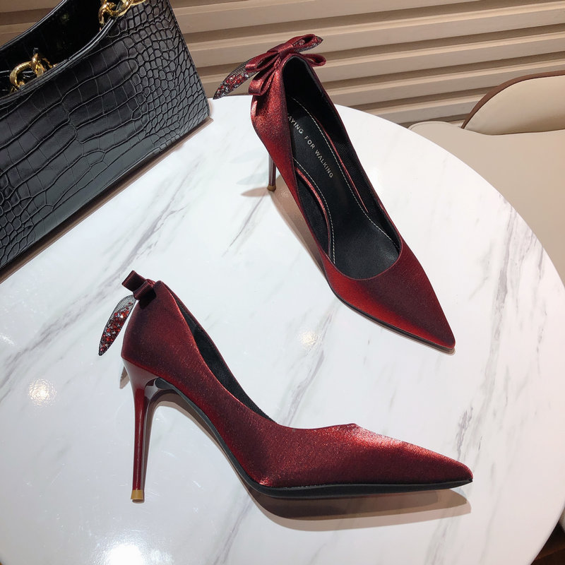 Sexy red high heels 2022 autumn new net red fairy bow satin dress wedding shoes stiletto shoes